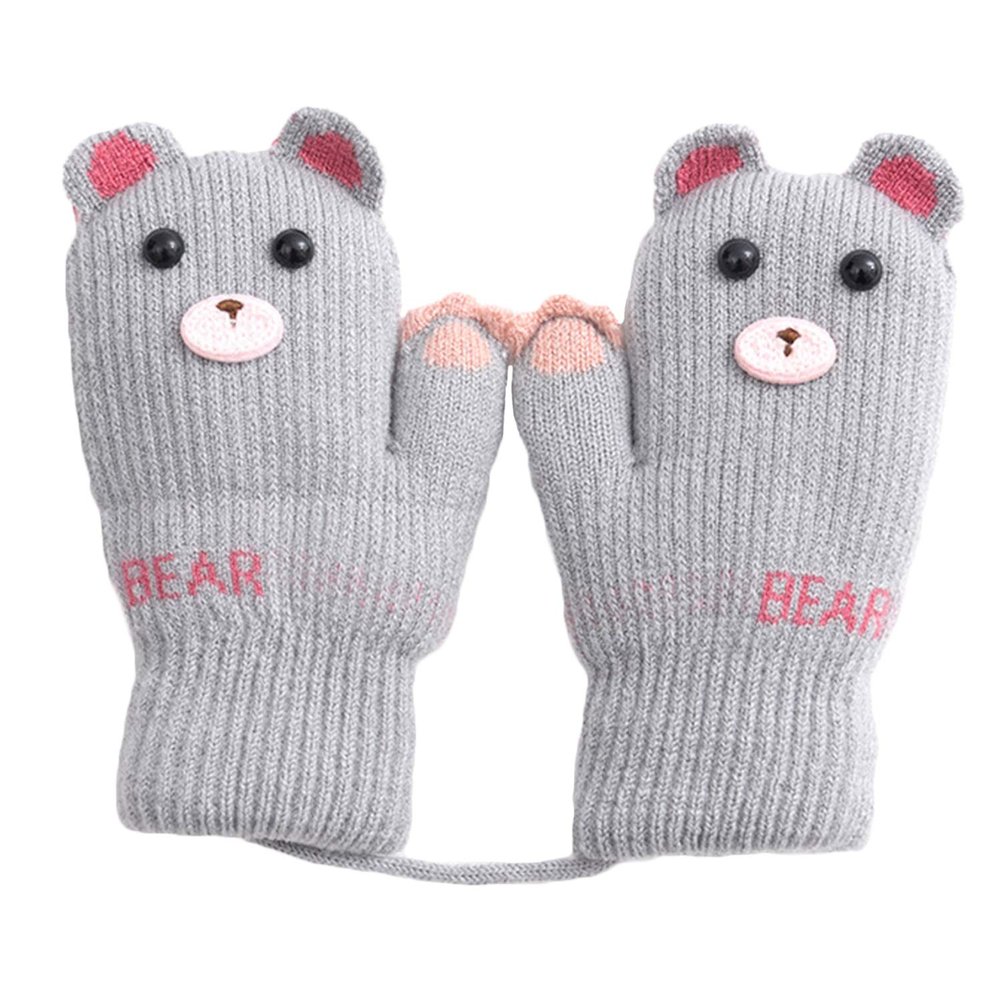 Greenery-GRE Toddler Kids Cartoon Warm Fleece Lined Mittens with String Stretch Knitted Winter Gloves for Girls Boys 3-7 Yrs