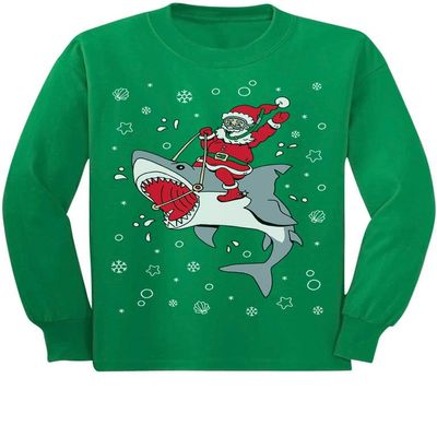 Tstars - Santa Riding a Shark Ugly Christmas Holiday Toddler/Kids Long Sleeve T-Shirt 5/6 Green