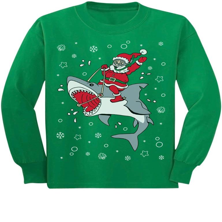 Tstars - Santa Riding a Shark Ugly Christmas Holiday Toddler/Kids Long Sleeve T-Shirt 5/6 Green