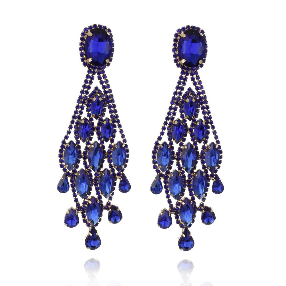 Women's Descending Marquise Droplets Cascade Gala Drop Clip On Earrings in Royal Blue