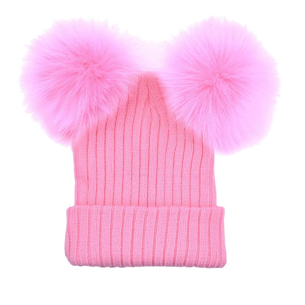 Winter Fedora Hats Crochet Beret Cloche Cap Hat with Poms Bucket Hats for Girls Pink