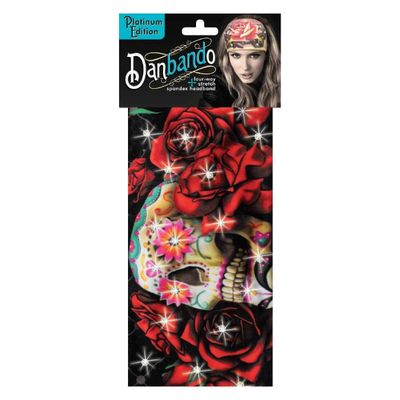 Danbando Headband Head Wrap Bandanna Sugar Skull Roses Rhinestones 4 Way Stretch Sweatband