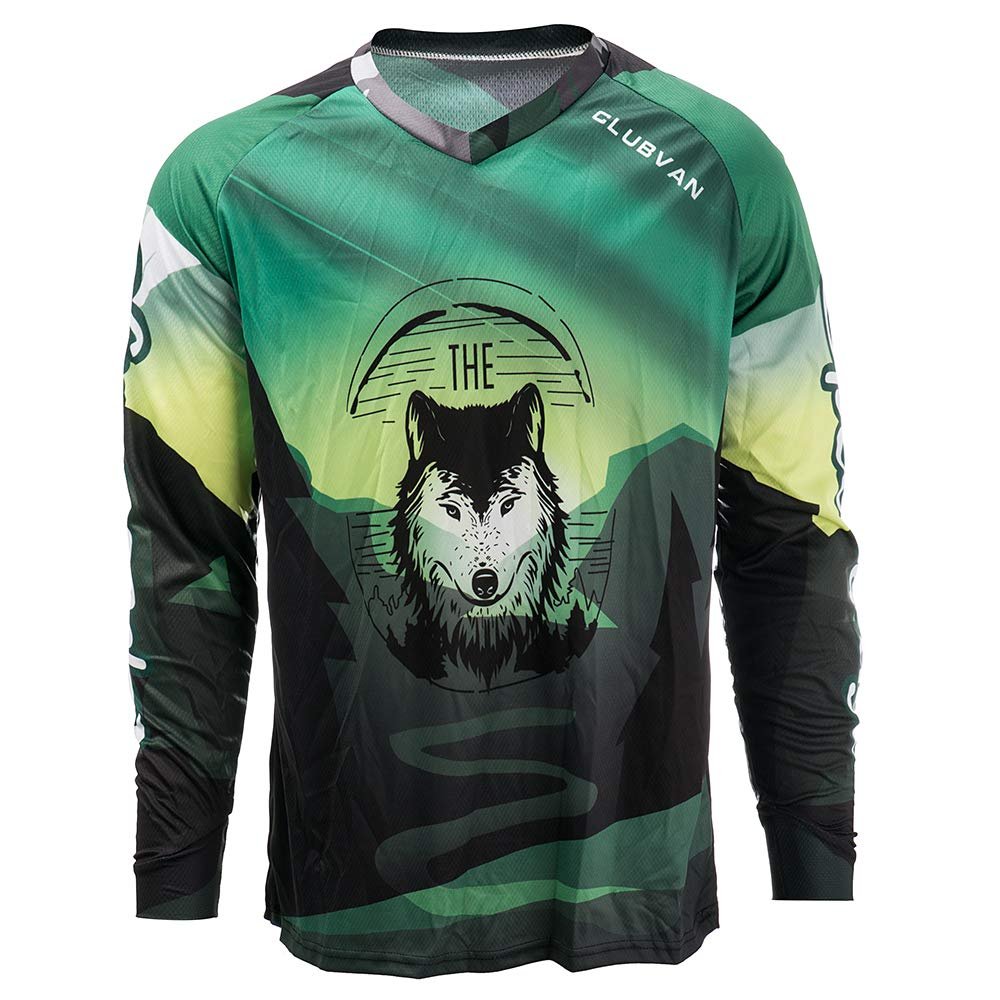 Cycling Jersey Men Long Sleeve MTB T Shirt Mountain Bike Motorcycle Bicycle Clothes Wolf Green Size L