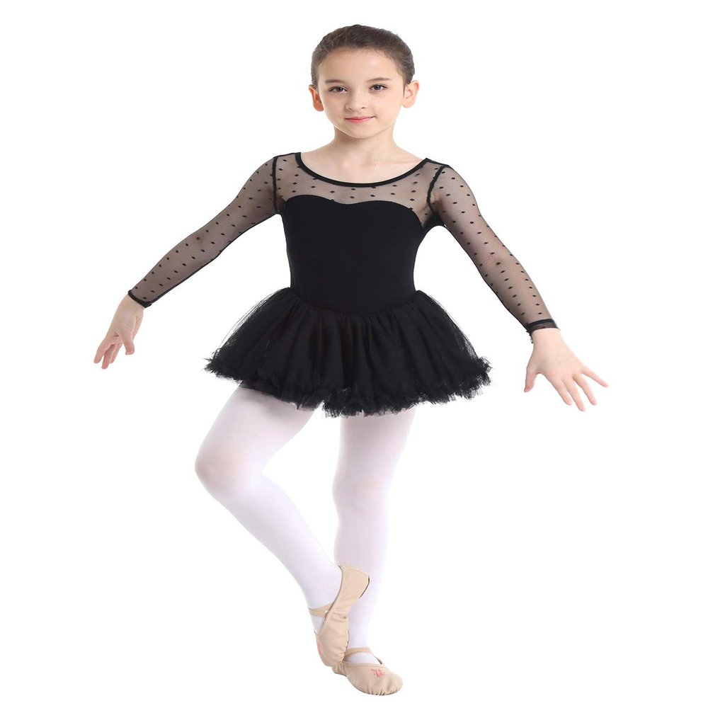 Agoky Kids Girl's Long Sleeves Gymnastics Ballet Dance Leotard Dress Polka Dots Mesh Dancewear Costumes Black 6
