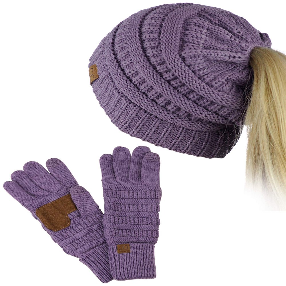 C.C BeanieTail Messy High Bun Cable Knit Beanie and Anti-Slip Touchscreen Gloves Set, Violet