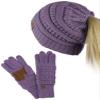 C.C BeanieTail Messy High Bun Cable Knit Beanie and Anti-Slip Touchscreen Gloves Set, Violet