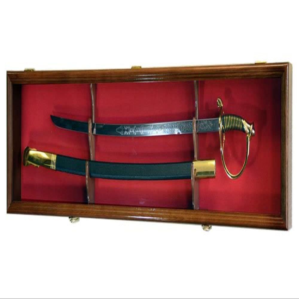 sfDisplay.com,LLC. Single Sword & Scabbard Display Case Cabinet Wall Rack Custom Colors - Lockable (Walnut Finish w/LED, Red Felt Background)