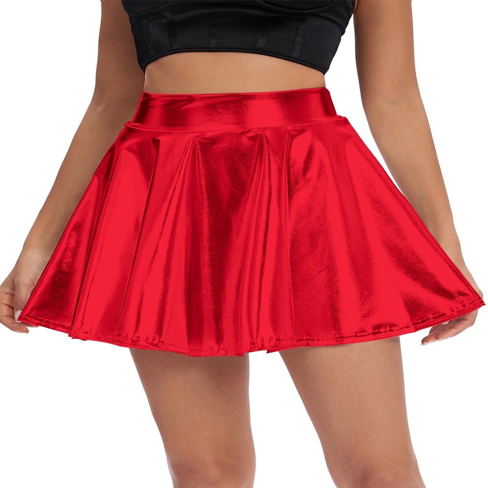 Women's Shiny Flared Pleated Mini Skater Skirt (L, Red)