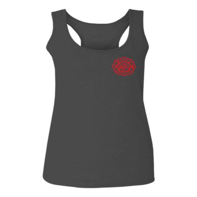 0121. America Patriotic Firefighter Support Seal Thin Red Line Fonts Fireman Women's Tank Top Racerback (Characol, Medium)