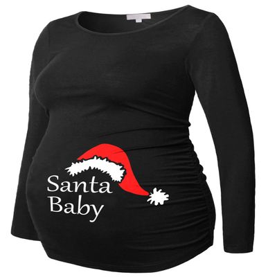 Maternity Christmas Shirt Long Sleeve Basic Top Ruch Sides Bodycon Tshirt Funny Santa Print Pregnancy Tee L