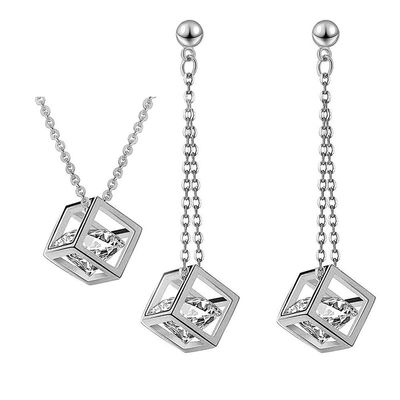 Worry-Free Shopping 18K Gold-Plated Hollow Box with Simulation Diamond Dangle Earring+Nekclace Set (White Gold)