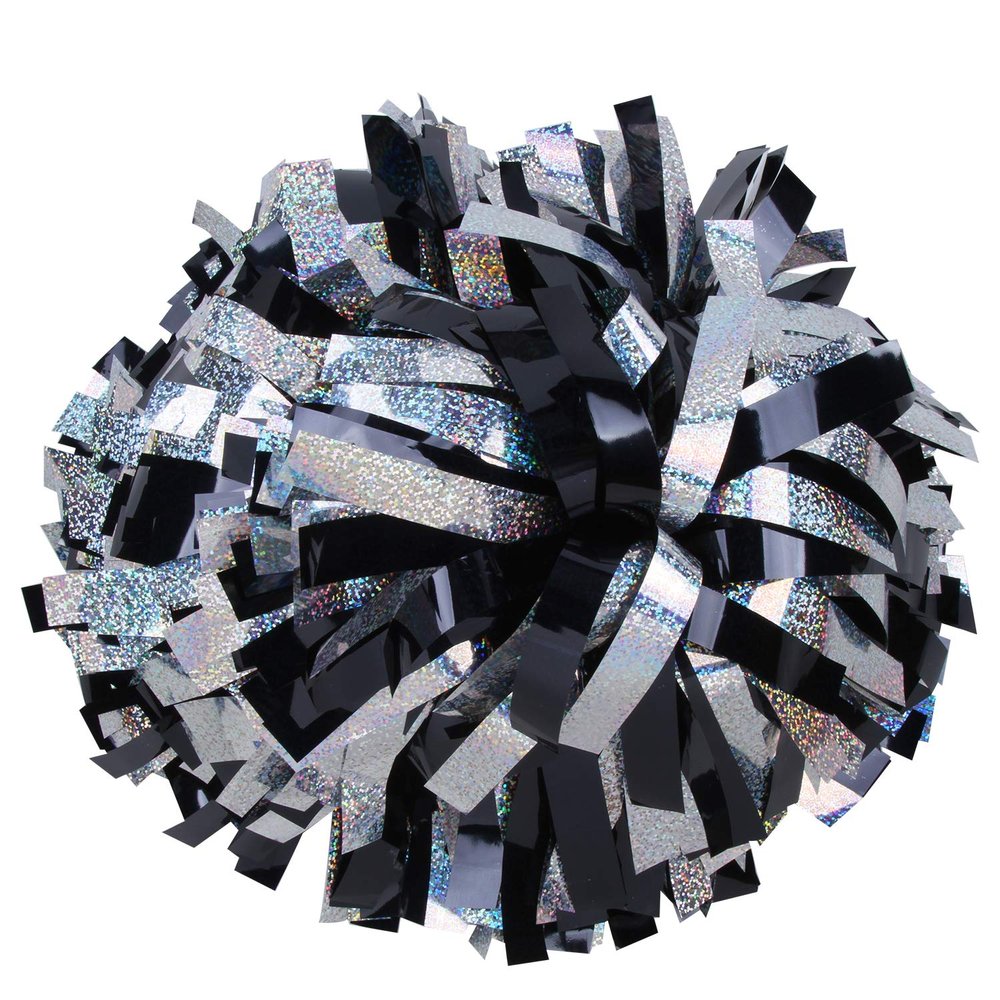 ICOCHEER Cheerleading Pom Poms Metalic Holographic Cheerleader 6 inch 1 Pair 2 Pieces (Black/Silver)