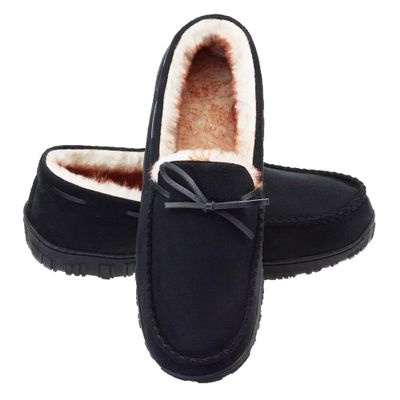 LA PLAGE Men's Moccasin Slippers Memory Foam Warm Plush House Slippers, Indoor Outdoor Comfortable Winter House Shoes 8 US Black
