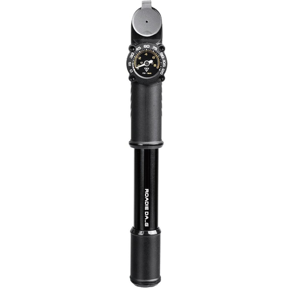 Topeak Roadie DA G Mini Bike Pump with Gauge Dual-Action High-Pressure, 120 psi / 8 bar, Alloy Barrel, Analog Gauge, Compact 8.6 Design with Mounting Bracket for Road Riders