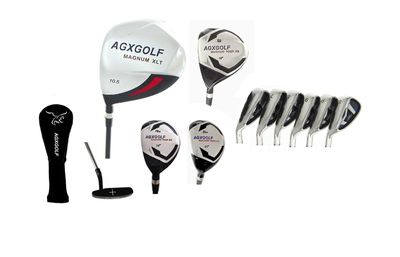 AGXGOLF Men's Left Hand Magnum Golf Club Set; w/Over Size Driver + 5 Wood + 4&5 Hybrids + 6-PW Irons + SW: Stiff Flex, Regular Length; Free Putter Built in The USA!