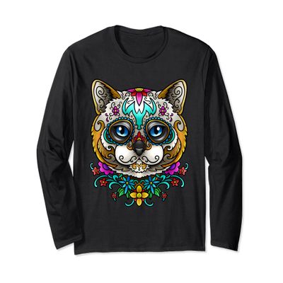 Cat Sugar Skull Long Shirt Day of the Dead Dia de Muertos