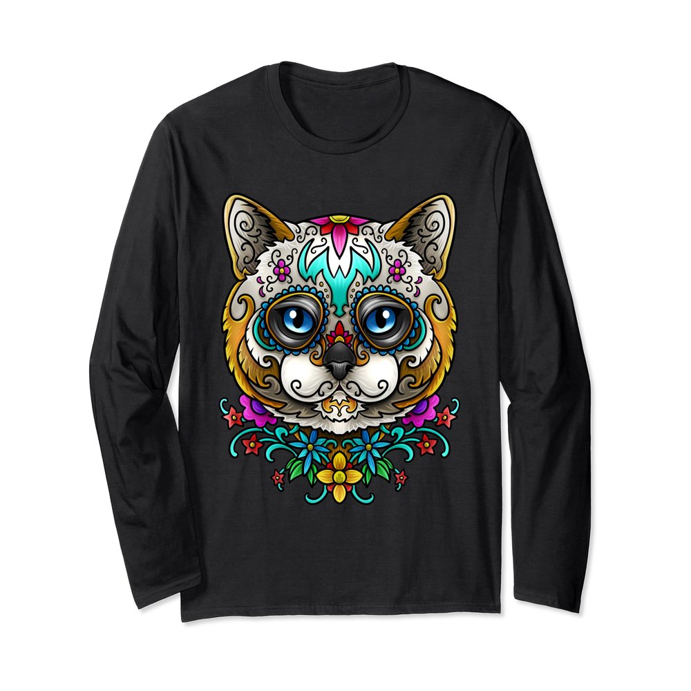 Cat Sugar Skull Long Shirt Day of the Dead Dia de Muertos