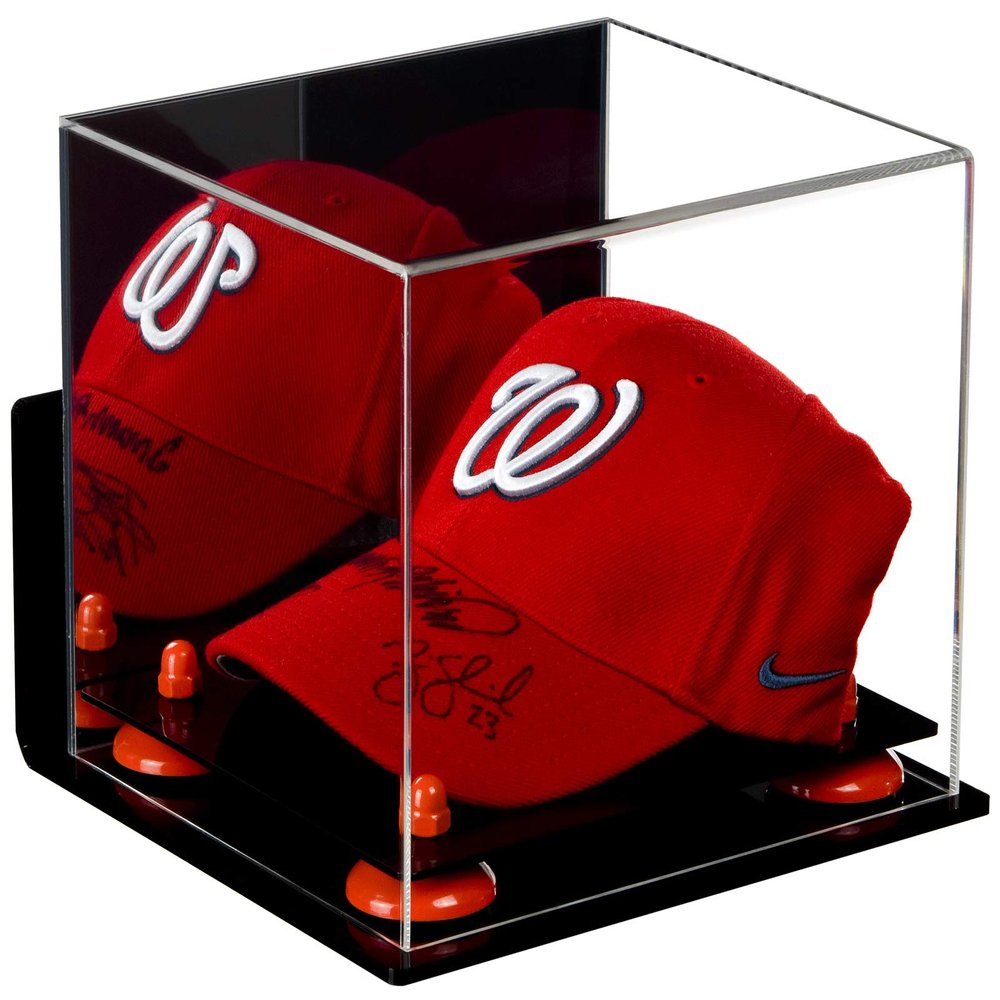 Better Display Cases Acrylic Baseball Cap Display Case with Mirror, Wall Mount and Orange Risers (A006-OR)