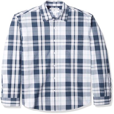 Amazon Essentials Men's Slim-Fit Long-Sleeve Poplin Shirt, White Navy Large Plaid, Large