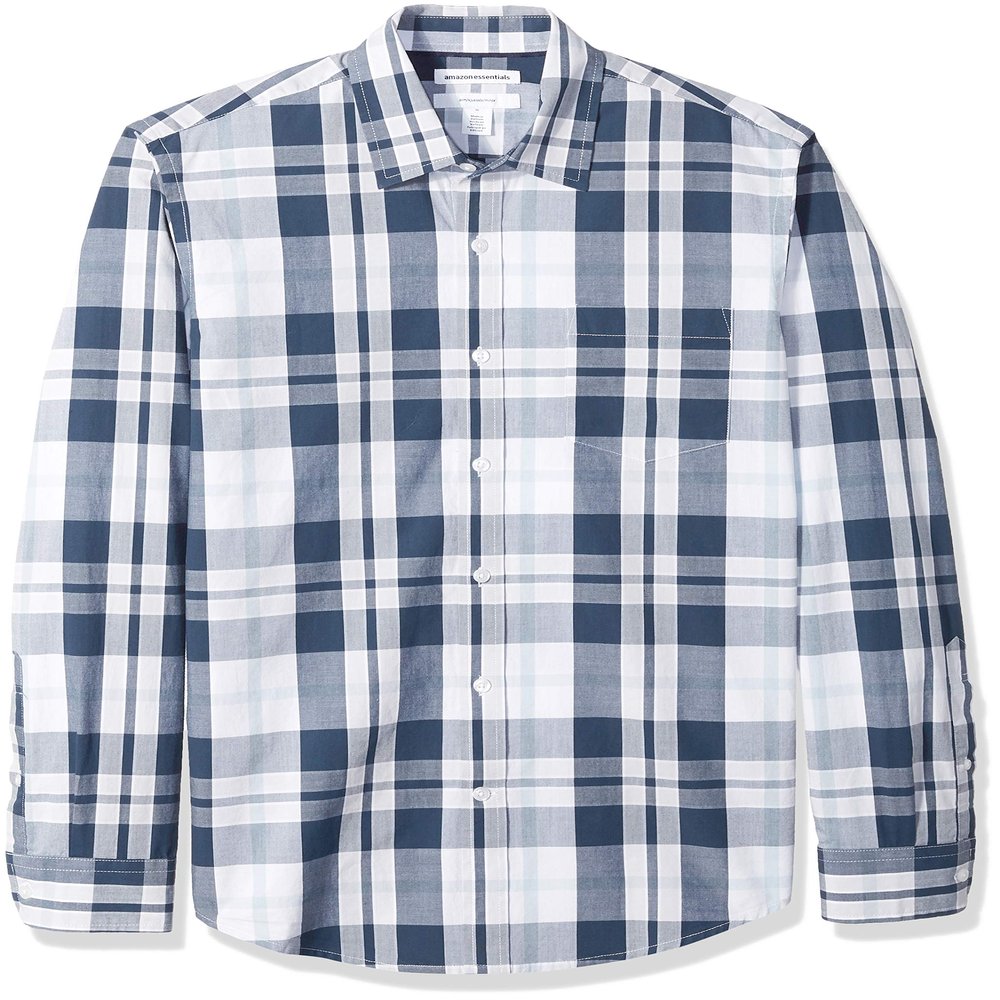 Amazon Essentials Men's Slim-Fit Long-Sleeve Poplin Shirt, White Navy Large Plaid, Large
