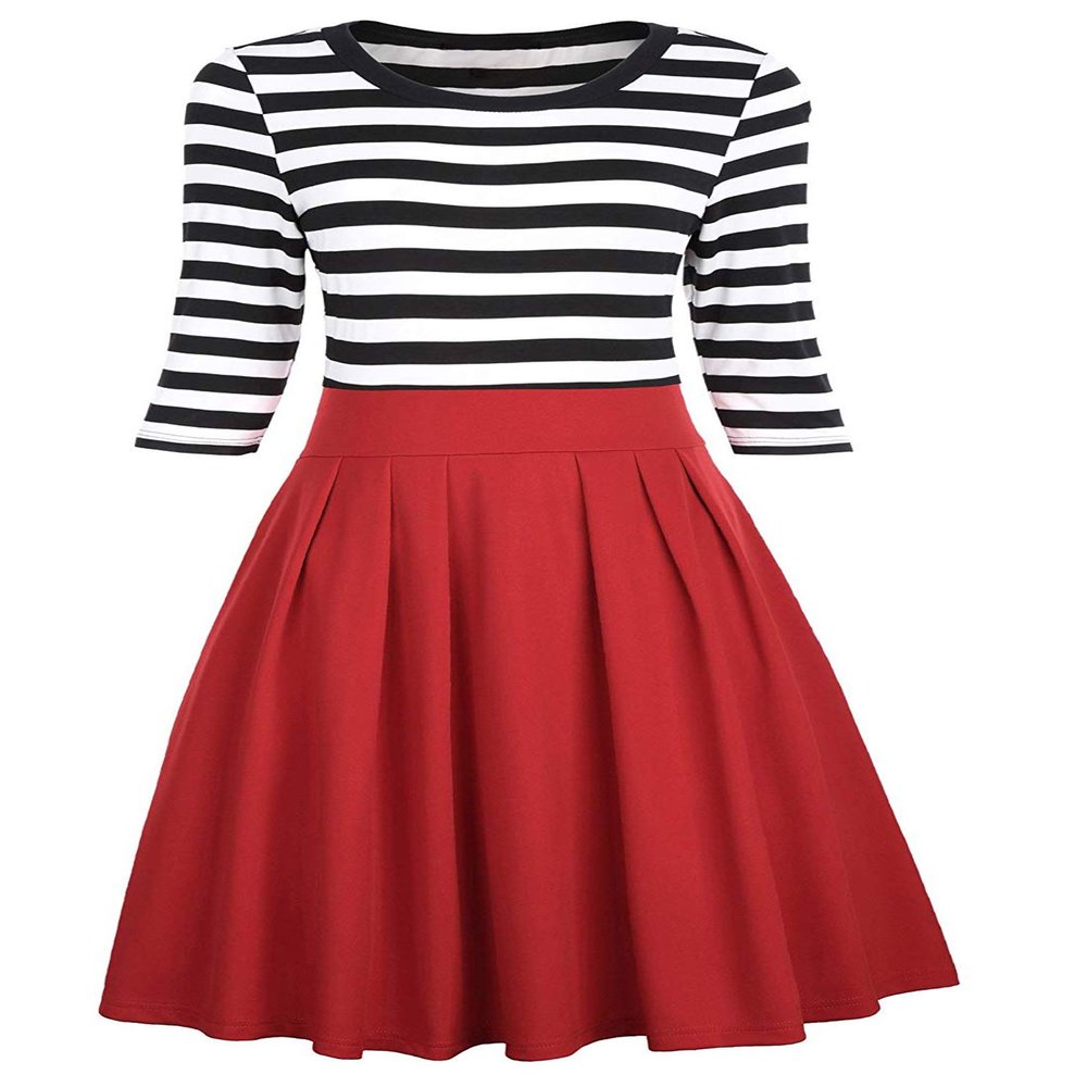 BI.TENCON Women Vintage Style Black and Red Striped Casual Swing Dress 3/4 Sleeve Retro Office Dress Plus Size 2XL