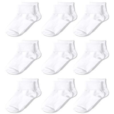 Amazon Essentials Girls' Ankle Socks, Cotton Blend Uniform Turn Cuff, 9 Pairs, White, Large (8-12 Years)