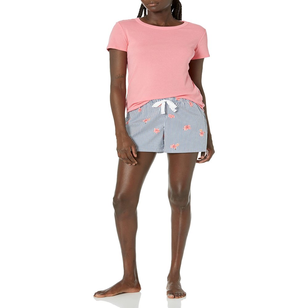 Amazon Essentials Women's Poplin Short and Sleep Tee Set, Blue Pink Floral, Large
