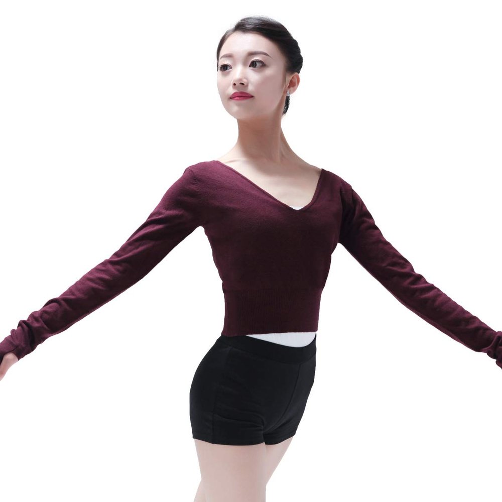 118146002 Girls Ballet V Neckline Sweater Practice Warm Up Tops Dancewear (L 170, Wine Red)
