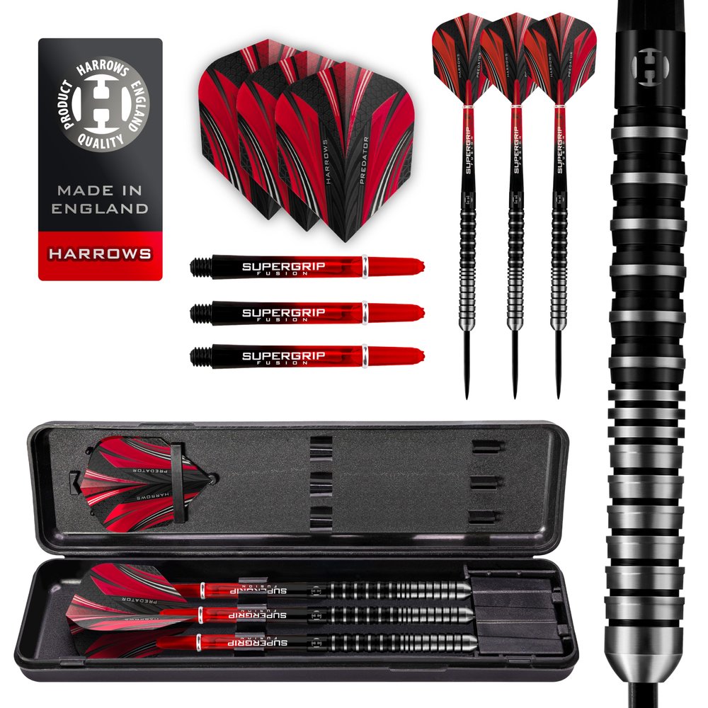 Harrows Predator 90% Tungsten Steel Tip Darts Set 21g, 22g, 23g, 24g, 25g & 26g - Includes Ultra Traction Grip, Supergrip Fusion Shafts, Prime Flights & Travel Case (25g)
