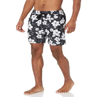 Amazon Essentials Men's Swim Trunks with Mesh Lining, Pockets, Drawstring Closure, Black Hibiscus Flower, Small