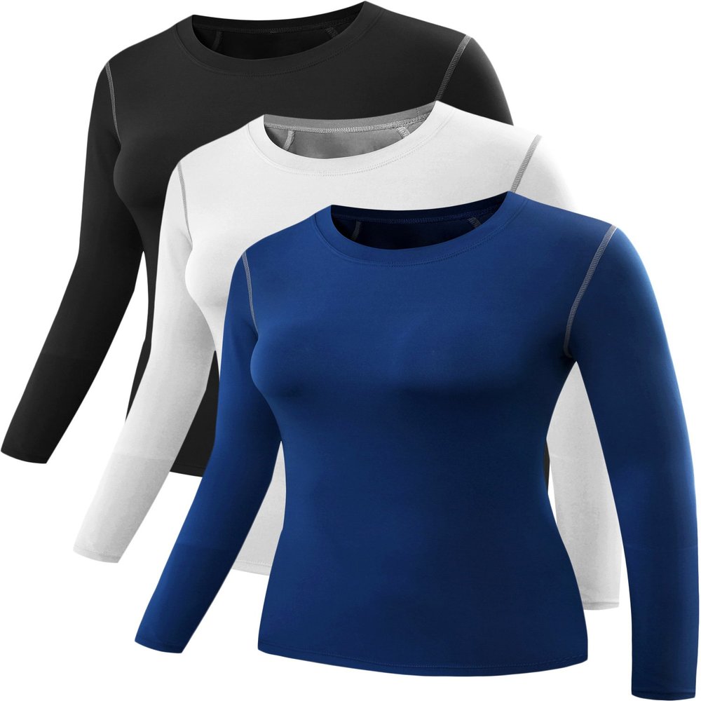 NELEUS Women's 3 Pack Dry Fit Athletic Compression Long Sleeve T Shirt,Black,Blue,White,2XL,EU 3XL