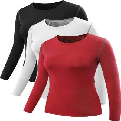 NELEUS Women's 3 Pack Dry Fit Athletic Compression Long Sleeve T Shirt,Black,Red,White,2XL,EU 3XL