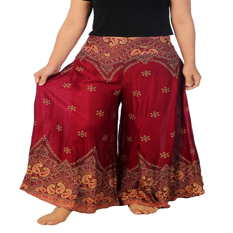 Lannaclothesdesign Palazzo Pants for Women Wide Leg Boho Harem Yoga Pants S M L XL Sizes(S, Burgundy Peacock Flower, Length 41 inches)