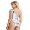 ranrann Women's Shiny Metallic PVC Leather Leotard Bodysuit Short Sleeves Dance Gymnastics Bodycon Silver X-Large view 3
