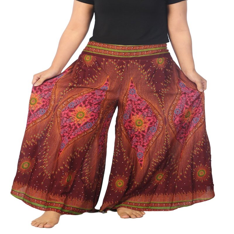 Lannaclothesdesign Palazzo Pants for Women Wide Leg Boho Harem Yoga Pants S M L XL Sizes(XL, Burgundy Flower Eye, Length 39 inches)