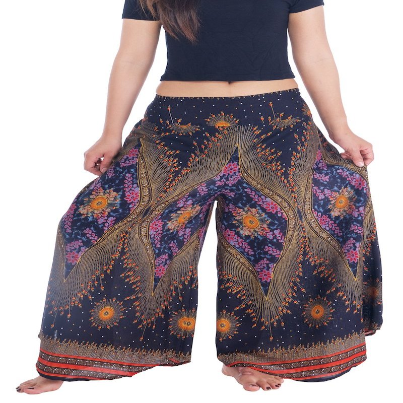 Lannaclothesdesign Palazzo Pants for Women Wide Leg Boho Harem Yoga Pants S M L XL Sizes(L, Black Flower Eye, Length 39 inches)
