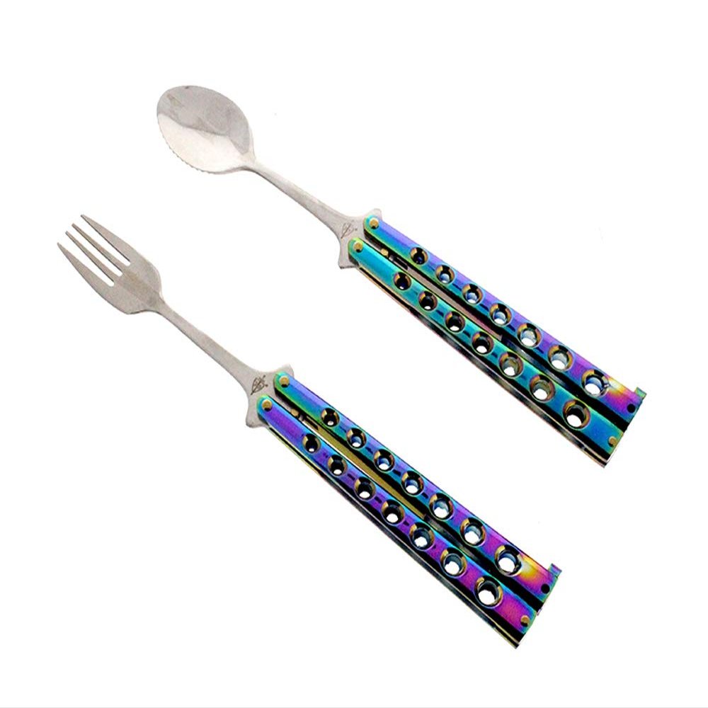 Butterfly Fork and Spoon Set for Hunting, Camping and Hiking Purposes. (Rainbow)