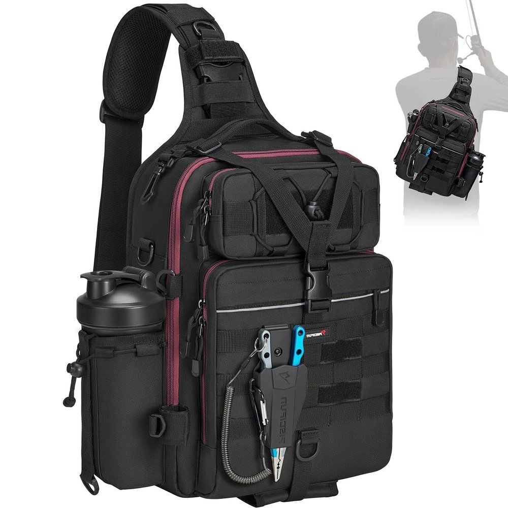 Piscifun 30L Fishing Tackle Backpack with Rod & Water Holder, Multi-Compartment Lightweight Large Tackle Sling Bag for Fishing Gear and Equipment, Gift for Men, Black