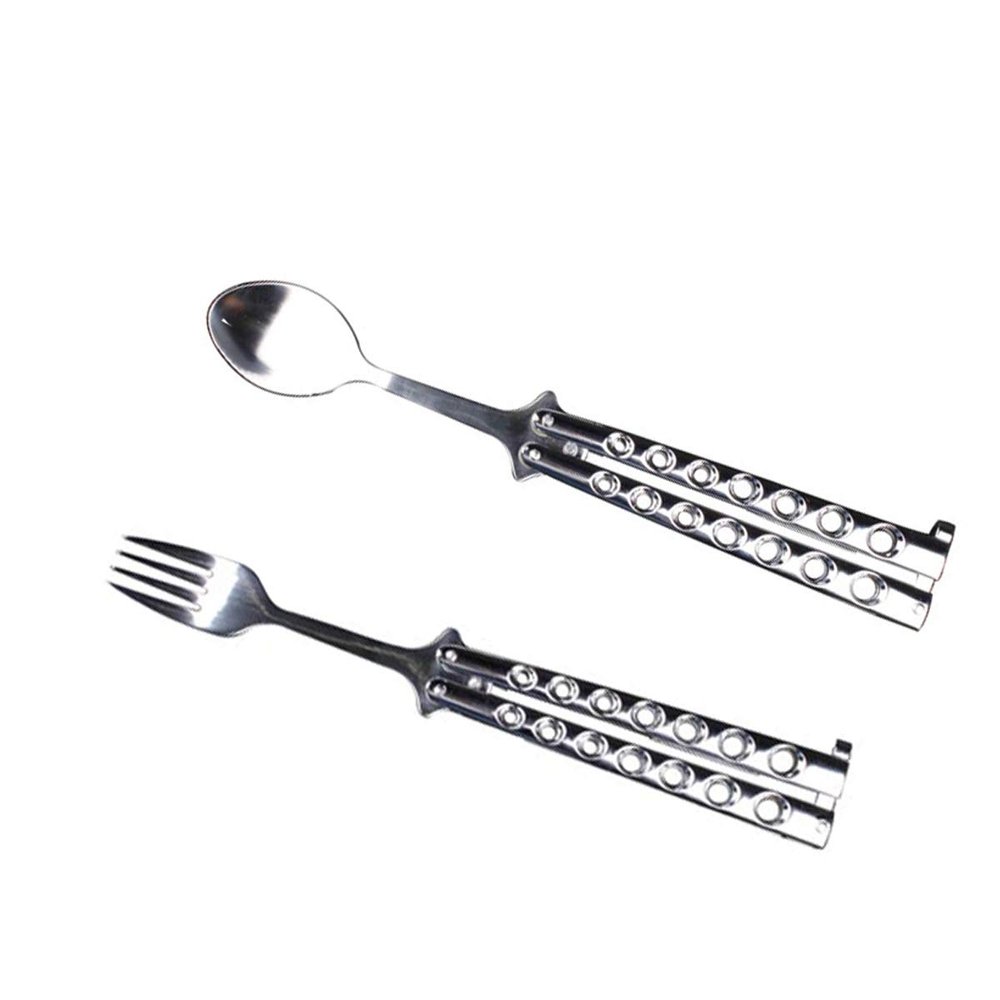 Butterfly Fork and Spoon Set for Hunting, Camping and Hiking Purposes. (Silver)
