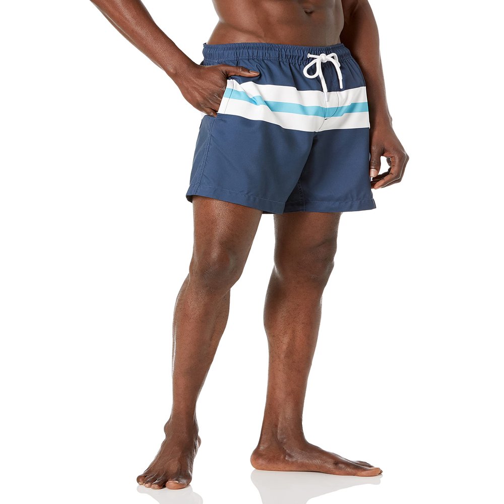 Amazon Essentials Men's 7" Swim Trunks with Mesh Lining, Pockets, Drawstring Closure, Navy White Stripe, Large