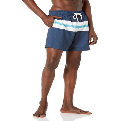 Amazon Essentials Men's 7" Swim Trunks with Mesh Lining, Pockets, Drawstring Closure, Navy White Stripe, X-Large