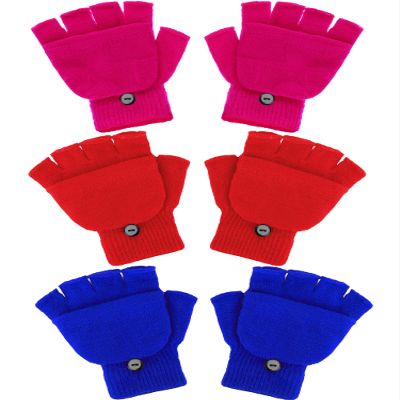 3 Pairs Kids Fingerless Mittens Convertible Flip Top Gloves Children Soft Knitted Gloves for Boys Girls (Rose, Red, Blue, Medium)