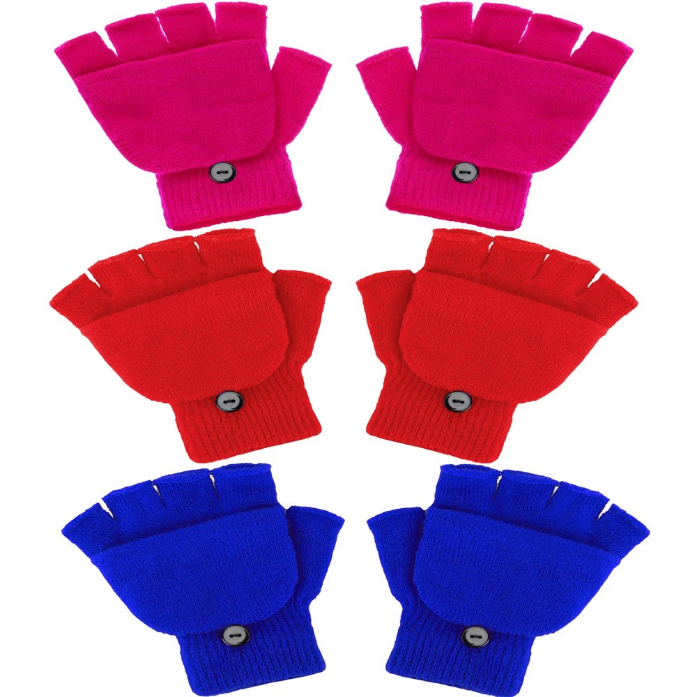 3 Pairs Kids Fingerless Mittens Convertible Flip Top Gloves Children Soft Knitted Gloves for Boys Girls (Rose, Red, Blue, Medium)