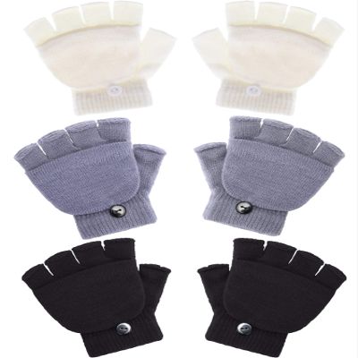 3 Pairs Kids Fingerless Mittens Convertible Flip Top Gloves Children Soft Knitted Gloves for Boys Girls (Black, White, Gray, Medium)