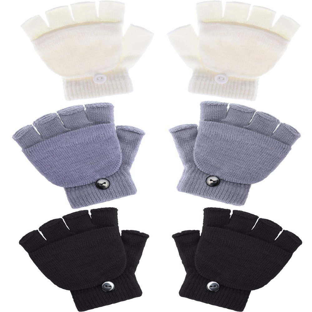 3 Pairs Kids Fingerless Mittens Convertible Flip Top Gloves Children Soft Knitted Gloves for Boys Girls (Black, White, Gray, Medium)