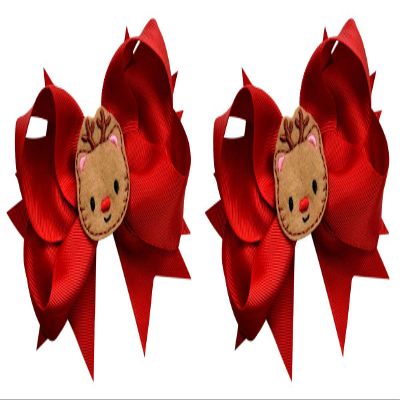 Christmas Kitty Reindeer Hair Bow for Toddlers and Girls Featuring Embroidered Appliqu (2, Red)