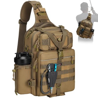 Piscifun 30L Fishing Tackle Backpack with Rod & Water Holder, Multi-Compartment Lightweight Large Tackle Sling Bag for Fishing Gear and Equipment, Gift for Men, Khaki