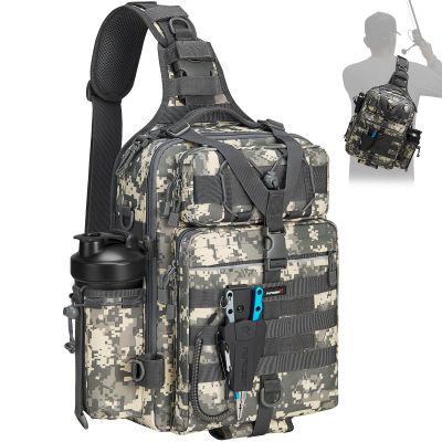 Piscifun Fishing Tackle Bag with Rod & Gear Holder, Lightweight Sling Tackle Storage Bag, Outdoor Shoulder Backpack for Hiking, Hunting, Camouflage