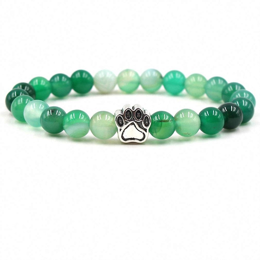 Womens 7 Colors 8mm Colourful Natural Stone Beads Bracelets Dog Cat Footprint Paw Charms Bracelet Pet Lover Strench Jewelry Green