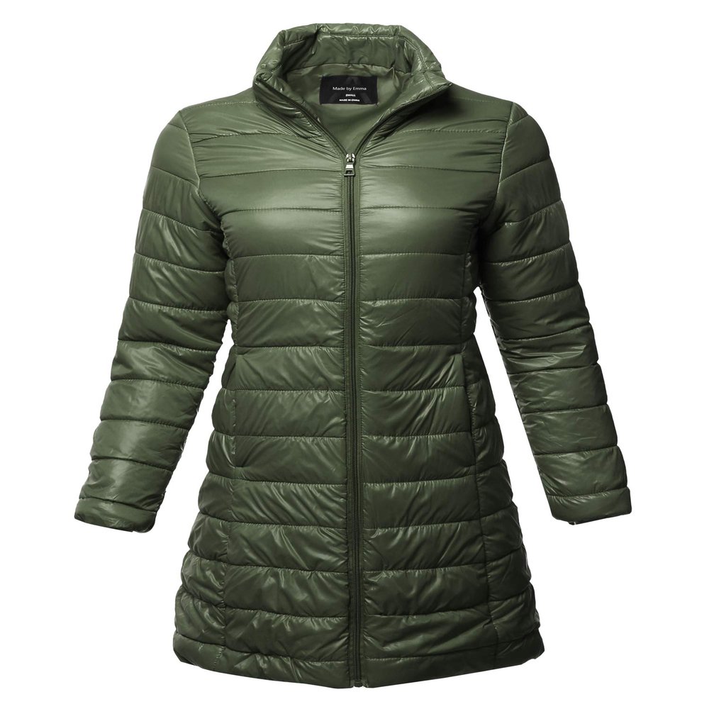 Made by Emma Casual Solid Comfortable Light Weight Long Quilted Padding Jacket Olive S